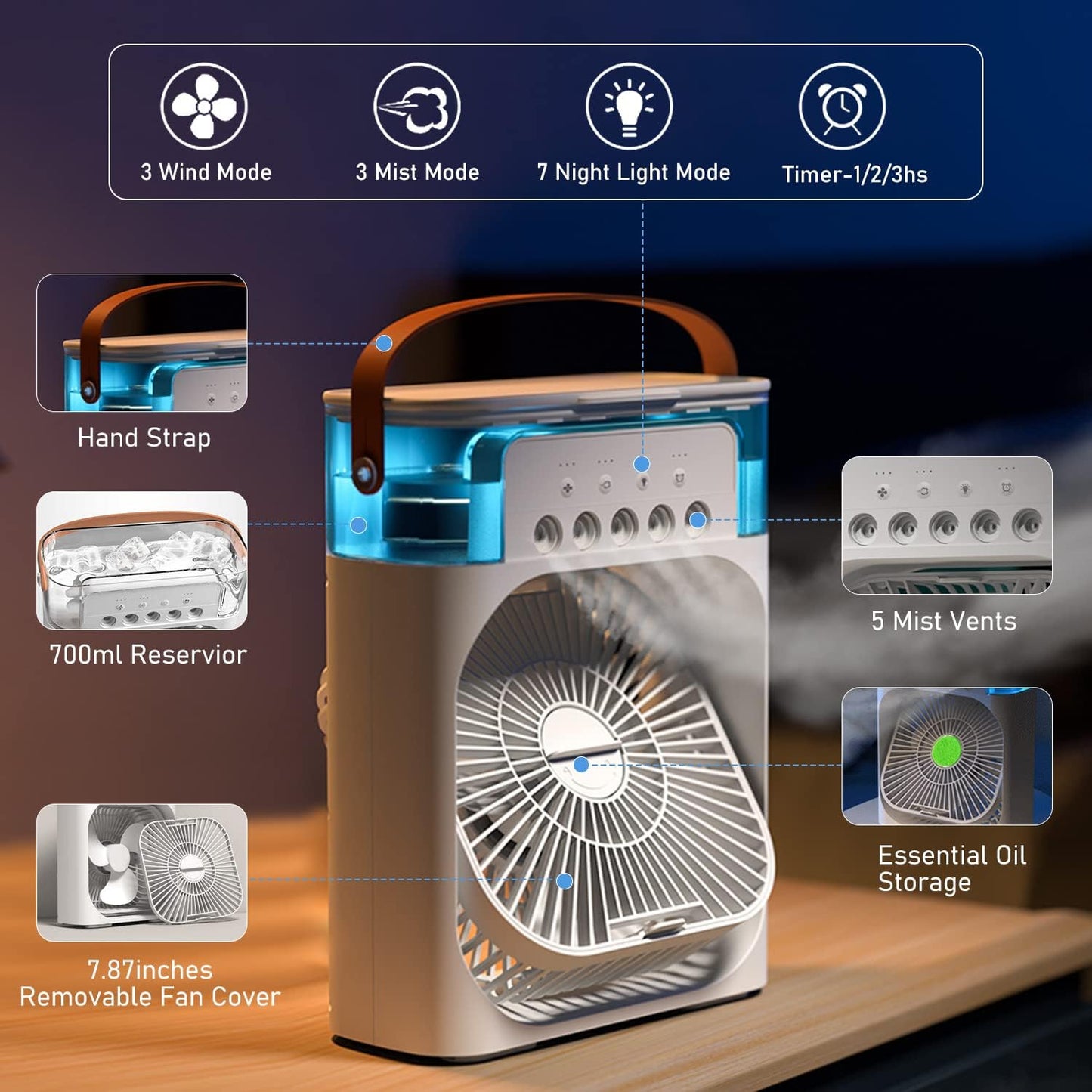 Portable Air Cooler Fan with LED Light & Mist Spray