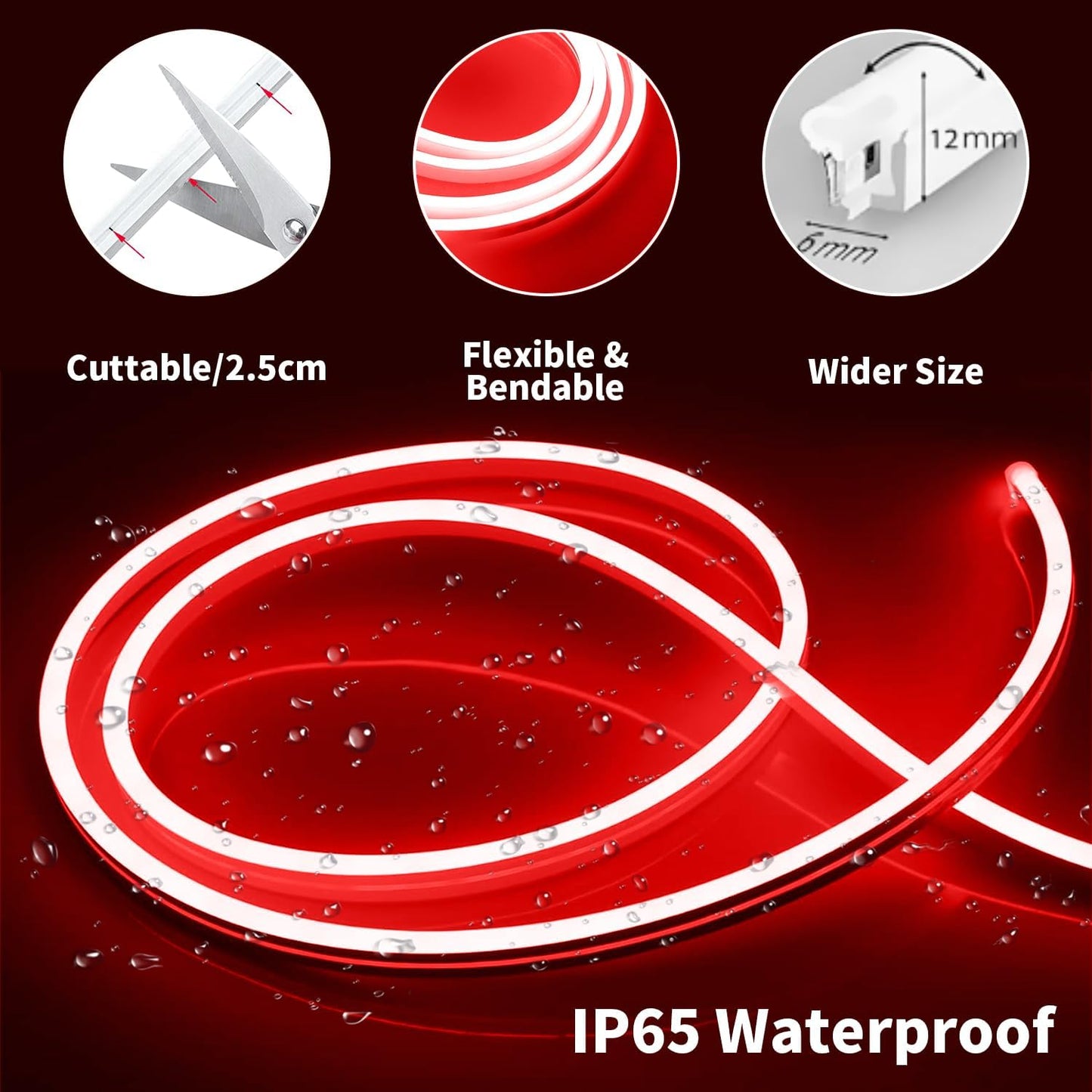 LED Neon Strip Lights, Red 12V/16.4ft